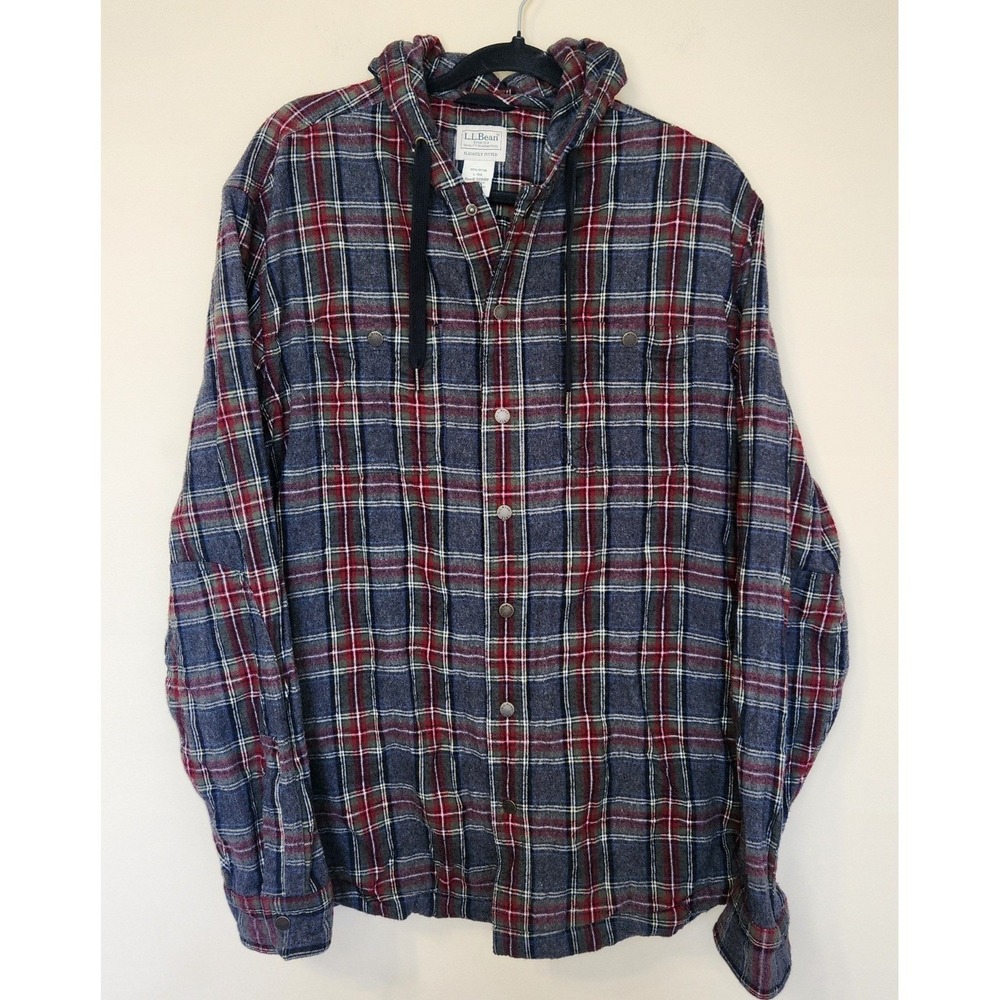 LL Bean Mens Hooded Flannel Shacket Large Plaid‎ Hooded Snap Buttons Jacket